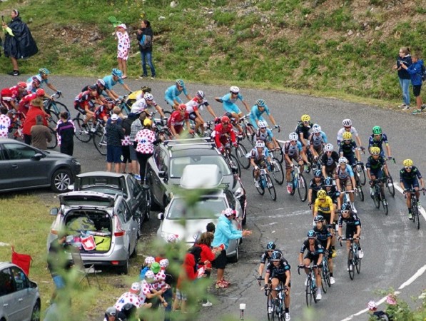 Tour de France cyclists in the mountains Col de la Colombiere